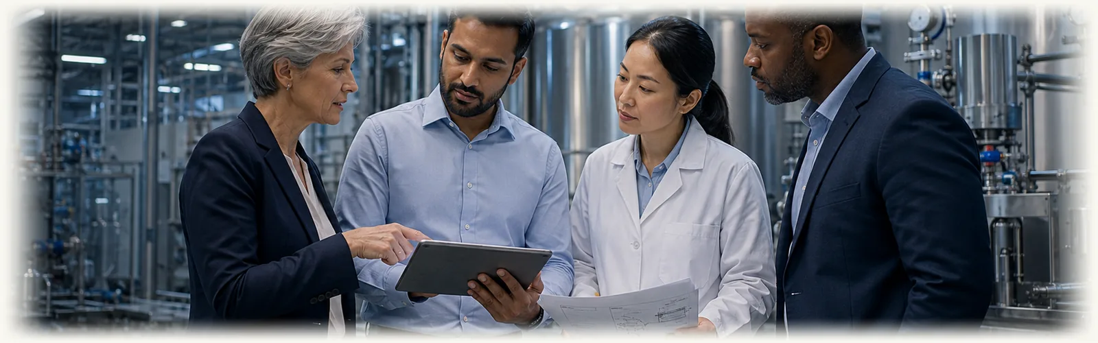 Technical operations leaders reviewing a biomanufacturing floor (illustrative)