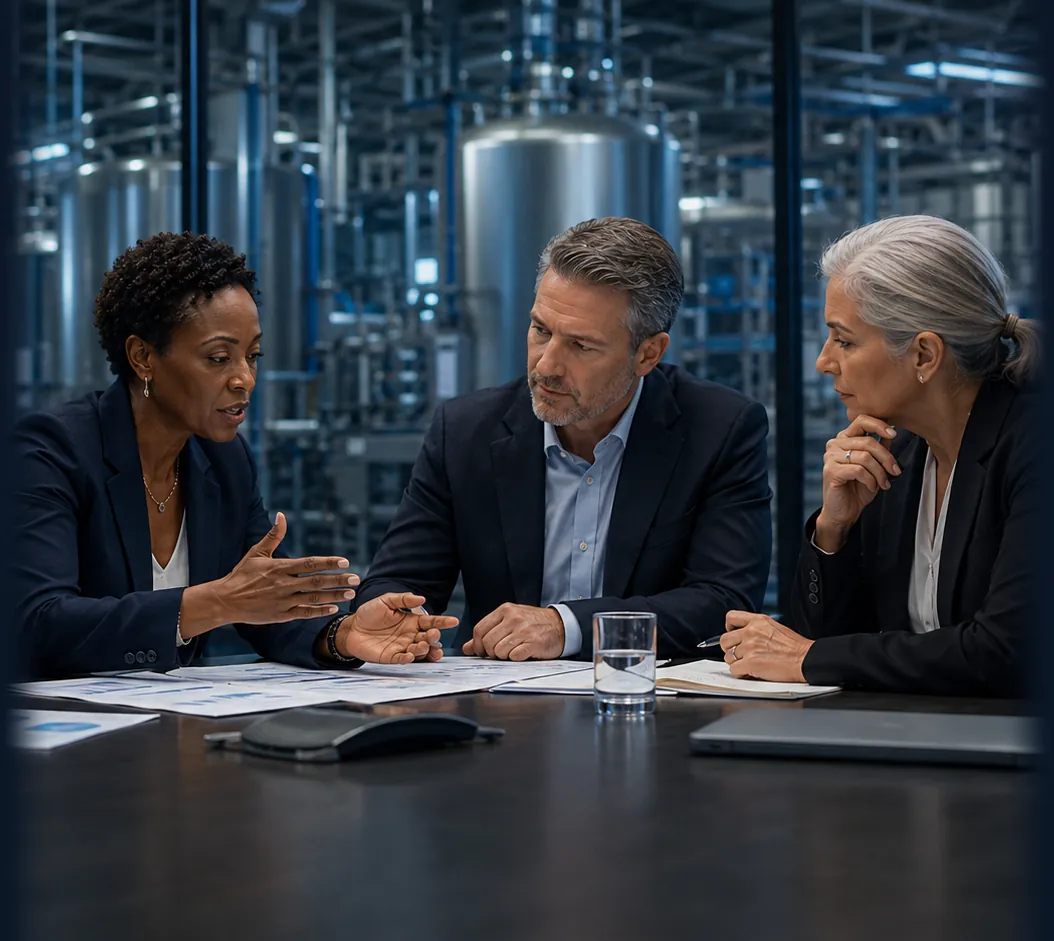 A biopharma board conversation with the manufacturing plant in view (illustrative)